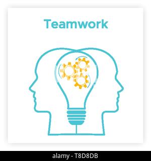 Heads silhouette lightbulb creative teamwork concept vector illustration. Blue human profile with bulb silhouette and orange cogwheel. Line head with gear mechanism creative team business concept Stock Vector