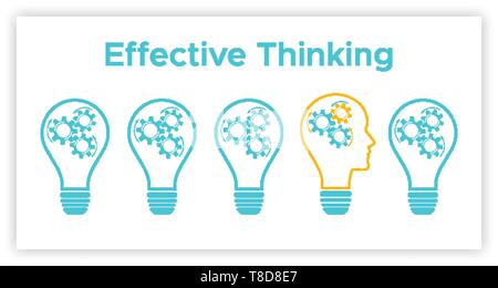 Head profile lightbulb creative idea concept vector illustration. Contour face profile silhouette with bright lightbulb and gear inside. Orange line lamp with head and blue bulb business concept. Stock Vector