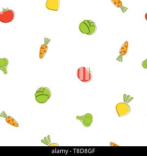 Season vegetable seamless background vector flat illustration. Fresh food background in natural colors with small carrot, tomato and cabbage, turnip and broccoli vegetable seamless element Stock Vector