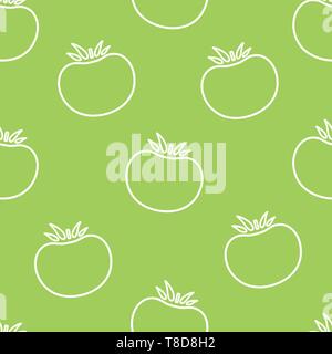 Tomato contour vegetable seamless pattern vector flat illustration. Natural food pattern design with outline tomato vegetable seamless texture in white and green color for healthy organic fabric print Stock Vector