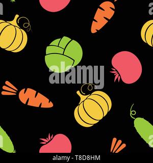Outline seamless vegetable background vector flat illustration. Modern seamless texture black background design with carrot and cabbage, tomato and pumpkin silhouette vegetable in natural colors Stock Vector
