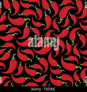 Chili pepper seamless vegetable pattern vector flat illustration. Natural food black pattern design with chili pepper vegetable seamless texture in bright red color for autumn celebration card. Stock Vector