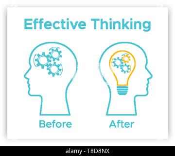 Gear head lamp creative idea concept vector illustration. Contour human profile silhouette with bright lightbulb and gear inside. Blue heads before and after effective thinking business concept Stock Vector