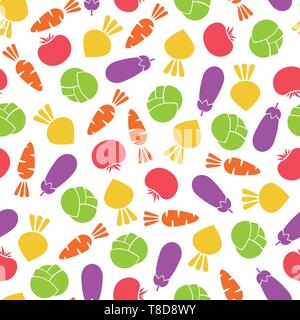 Silhouette seamless vegetable pattern vector illustration. Modern seamless texture pattern design with tomato, eggpant, carrot and cabbage outline vegetable in natural colors for healthy diet decor Stock Vector