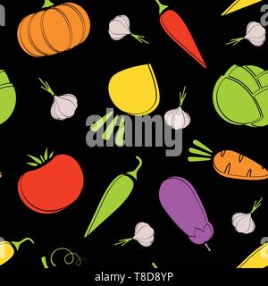 Outline seamless vegetable pattern vector flat illustration. Modern black pattern design with autumn vegetable seamless texture in natural colors for healthy diet decor or vintage wallpaper Stock Vector