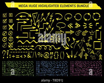 Sketchy arrow highlight marker set vector illustration. Group of neon colors arrows and checkboxes, felt marker style symbols for hand drawn diagrams, mind maps and communication highlight drawings Stock Vector