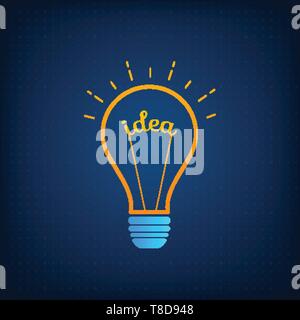 Lightbulb creative idea and brainstorm concept vector illustration. Innovation think process graphic with orange outline and blue silhouette bulb with light, word Idea and technology background Stock Vector
