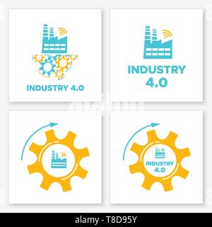 Factory and gear industry 4.0 concept set vector illustration. Manufacturing digital technology and smart factory design collection with blue factory icon, orange gear mechanism and sign INDUSTRY 4.0 Stock Vector