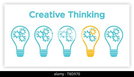 Cogwheel lightbulb creative thinking concept vector illustration. Creative people graphic idea with gear and light bulb. Blue lamp silhouette with orange lamp innovation think concept. Stock Vector