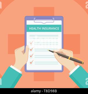 Medical insurance policy on clipboard with hands vector illustration. Health protect plan banner with insurance survey on clipboard, flat doctor hands filling medical policy on red background Stock Vector