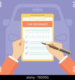 Car insurance policy on clipboard with hands banner illustration. Vehicle insurance plan vector banner with survey form on clipboard, flat man hands filling car policy on violet background Stock Vector