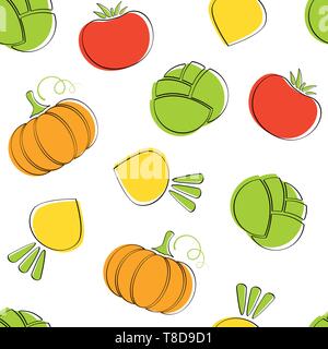 Vegetable seamless pattern vector flat illustration. Natural food pattern design with line pumpkin, tomato and cabbage, turnip vegetable seamless texture in bright colors for healthy vegetarian menu Stock Vector