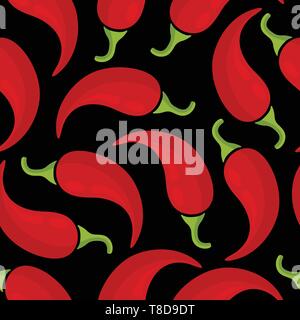 Chilli vegetable seamless background vector flat illustration. Fresh food background in red and black colors with chilli vegetable seamless element for wrapping paper or restaurant wallpaper Stock Vector