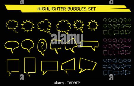 Speech bubble highlight marker set vector illustration. Neon colors collection, hand drawn rectangle and round highlight clouds with felt marker style lines for social media talk or message scribble Stock Vector