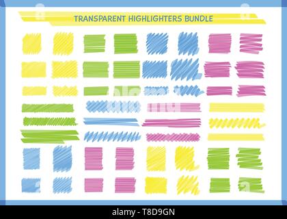 Transparent highlight pen marks set vector illustration. Hand drawn square and rectangle pen scribbles in yellow and blue, pink and green transparent neon colors for social media highlight design Stock Vector