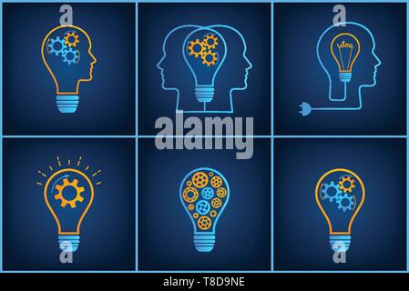 Gear lightbulb creative teamwork concept set vector illustration. Orange bulb silhouette with blue cogwheel inside innovation ideas graphic collection. technology background creative business concept Stock Vector