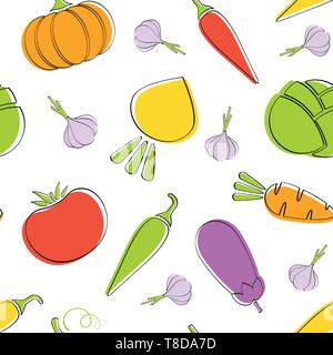 Seamless vegetable pattern vector flat food illustration. Natural colors pattern design with tomato and pepper, eggplant and carrot, pumpkin and garlic autumn harvest vegetable seamless texture. Stock Vector