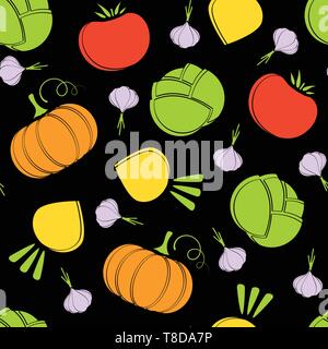 Silhouette seamless vegetable pattern vector flat illustration. Fresh food black pattern in natural colors with autumn vegetable seamless element for healthy vegetarian menu or organic fabric print Stock Vector