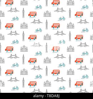 London city theme kid seamless vector pattern. Transport and landmarks cartoon line style repeat textile print. Stock Vector