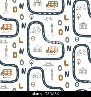 London city outdoor boy kid seamless vector pattern. Cityscape child cartoon style repeat textile blue and gold on white print. Stock Vector