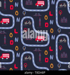 London city outdoor baby seamless vector pattern. Cityscape child cartoon style repeat textile dark blue fabric print. Stock Vector