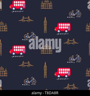 London city theme child dark blue seamless vector pattern. Red bus and landmarks cartoon line style repeat textile print. Stock Vector