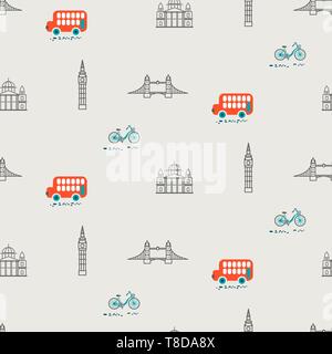 London city theme kid seamless vector pattern. Transport and landmarks cartoon style repeat textile print. Stock Vector