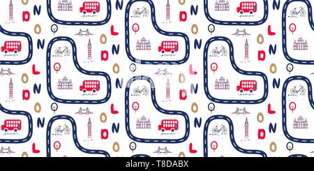 London city outdoor boy kid seamless vector pattern. Cityscape child cartoon style repeat textile blue and red on white print. Stock Vector