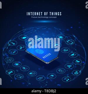 Internet of things concept. IOT isometric banner. Digital global ecosystem. Monitoring and control smart systems by smartphone. Vector illustration Stock Vector