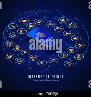 IOT isometric banner. Internet of things. Digital global ecosystem. Monitoring and control smart systems by smartphone. Smart city and house concept.  Stock Vector