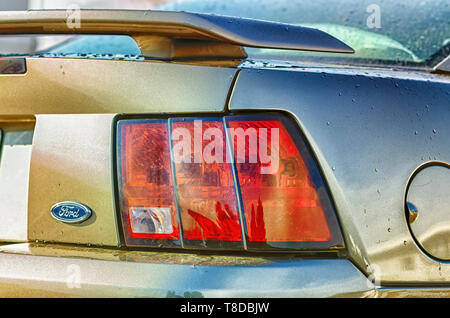 The right rear profile of a rain washed Ford Mustang GT Coupe. Rear spoiler, tail lights, Ford Logo, and the fuel lid on the car are visible. Stock Photo