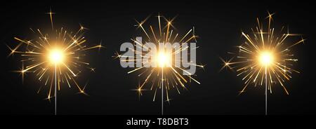 Burning shiny sparkler firework. Bengal fire. Party decor element. Magic light. Vector illustration isolated on black background Stock Vector
