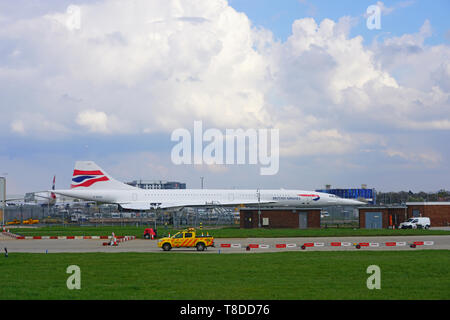 HEATHROW, ENGLAND -3 APR 2019- A retired Concorde supersonic jet airplane from British Airways (BA) is on permanent display at the London Heathrow Int Stock Photo