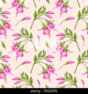 Tropical seamless pattern with pink fuchsia flowers. Hand drawn vintage background. Stock Photo