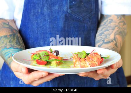 Canada, New Brunswick, Acadie, Moncton, chef Pierre A. Richard's Little Louis restaurant, poached lobster and fiddleheads in salad with avocado, tomatoes and beetroot Stock Photo
