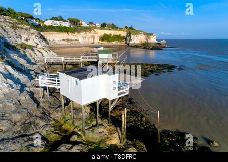 France, Charente-Maritime, Saintonge, Cote de Beaute, Gironde estuary, Meschers-sur-Gironde, cliffs and troglodyte dwellings (aerial view) (aerial view) Stock Photo