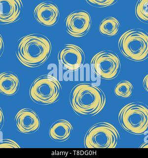 Funky yellow hand drawn abstract circles on vibrant blue background. Seamless vector pattern with a relaxed fun vibe. Great for wellbeing products Stock Vector