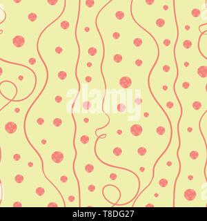 Funky hand-drawn coral circles and doodle lines seamless vector pattern on bright yellow background. Great for wellness, outdoor, beauty, kids Stock Vector