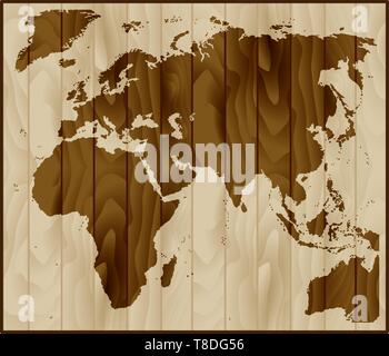 Europe, Asia and Africa map on wood background Stock Vector