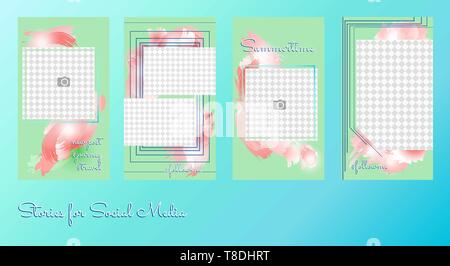 Stories template for social media. Summer style with abstract background in rose tints. Editable cover design for story, flyers, card. Vector set Stock Vector