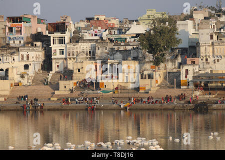 Skyline of Pushkar and scared Lake - Sagar - Rajasthan India Stock Photo