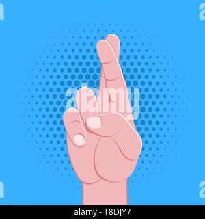 vector symbolic crossed fingers gesture male hand lucky untruth concept sign vintage illustration retro poster design isolated on blue dotted backgrou Stock Vector