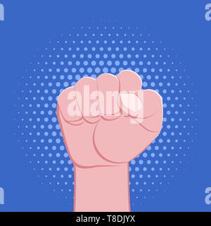 vector symbolic raised clenched power fist gesture male hand protest concept sign illustration light icon poster design isolated on blue background Stock Vector