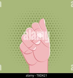 vector symbolic clenched fingers male palm hand holding gesture concept sign vintage illustration retro poster design isolated on green dotted backgro Stock Vector