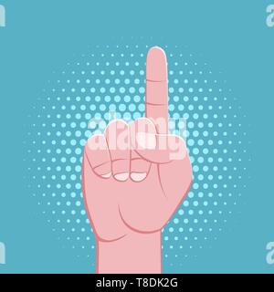 vector symbolic pushing forefinger male palm hand pointing gesture concept sign vintage illustration retro poster design isolated on cyan dotted backg Stock Vector