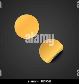 vector gold mock up paper circle round warped peel off corner sticker illustration realistic with shadow template design isolated on black background Stock Vector