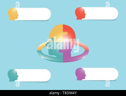 Infographic of puzzle head divided into four sections in the center of vector and blank labels for your text around the head. Stock Vector