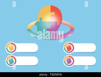 Infographic of puzzle head divided into four sections in the center of vector and blank labels for your text under the head. Stock Vector