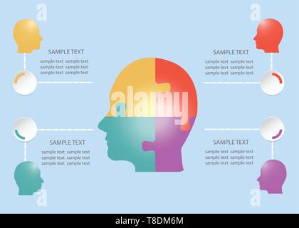 Infographic of puzzle head divided into four sections in the center and four color heads with a round place for your text around. Stock Vector