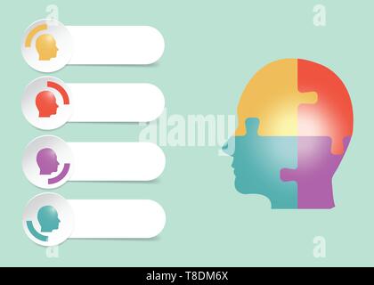 Infographic of puzzle head divided into four sections and blank labels for your text marked with four colored heads Stock Vector